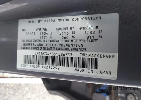 2005 Mazda Mazda3 S from USA, damaged, VIN JM1BK343851286755